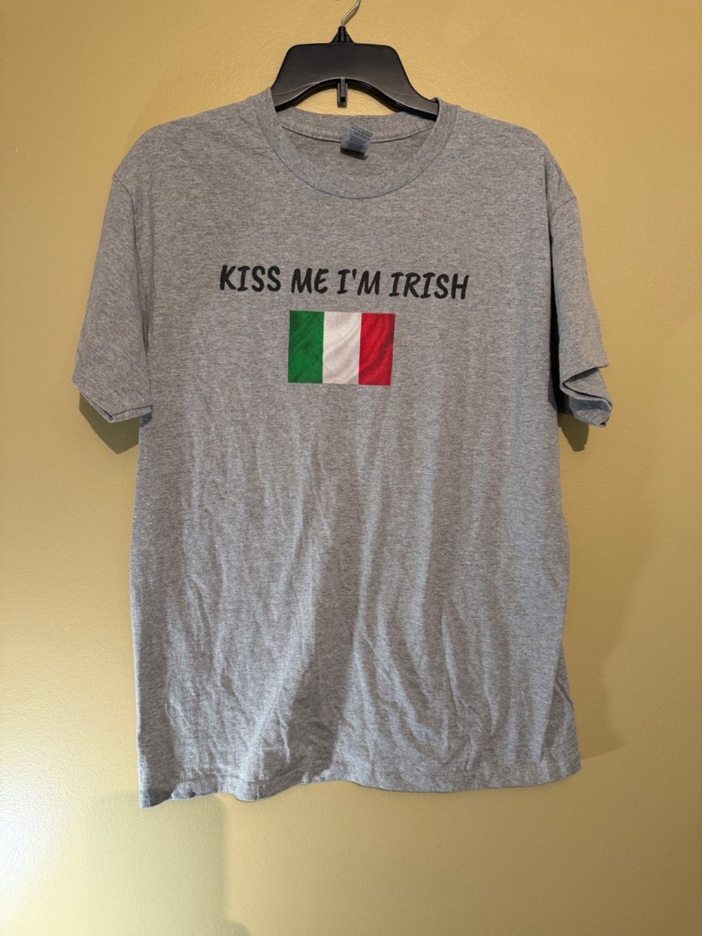 Gildan Gray Short Sleeve Tee with Green-White-Red Flag and 'Kiss Me I'm Irish'